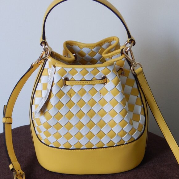 Michael Kors REED Medium Drawstring Belted Intertwined Yellow Bucket Bag NWT - Picture 6 of 12